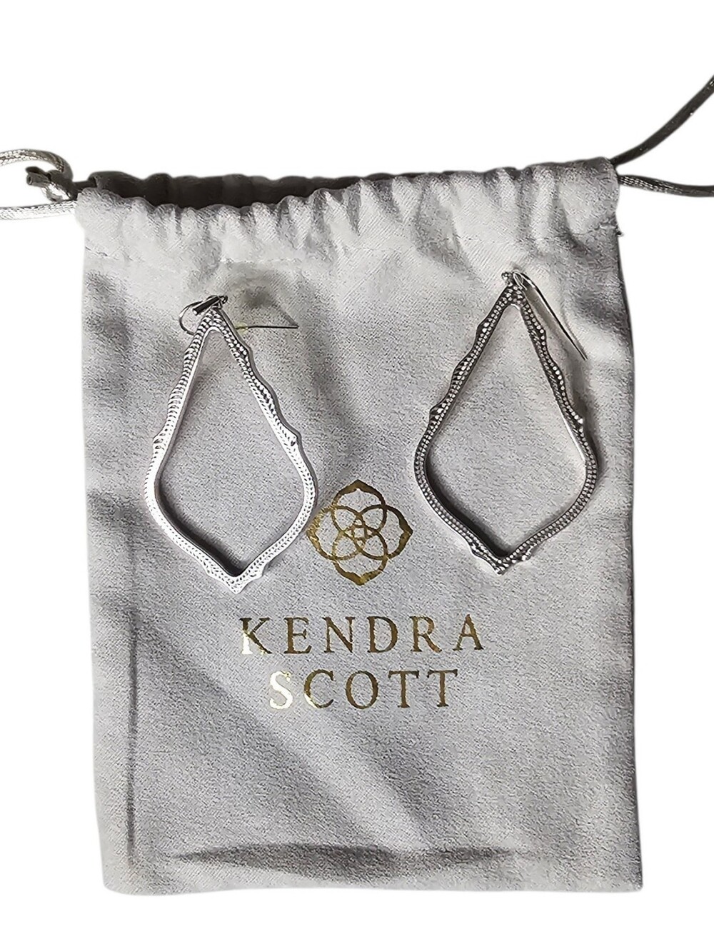 Kendra Scott Sophia Silver Textured Open Frame Tear Drop Earrings w travel pouch